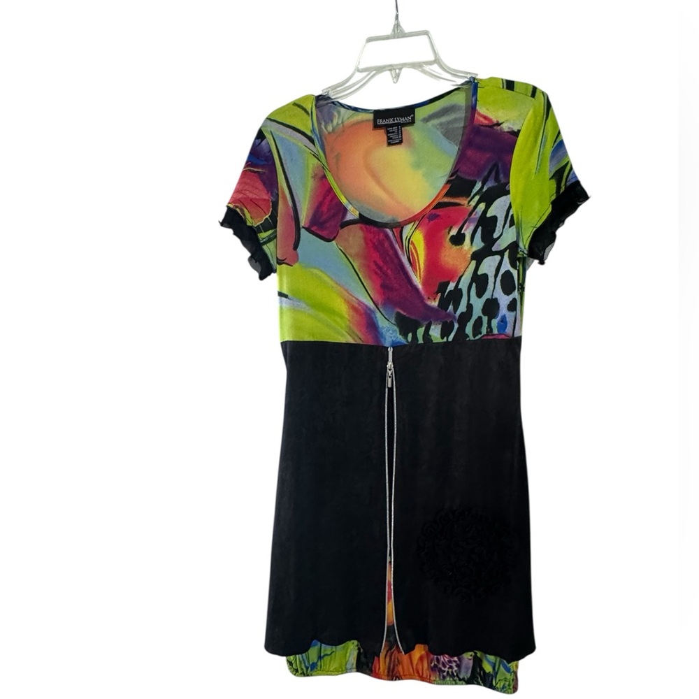 Frank Lyman Design Abstract Zip Front Dress Size 8 Artsy Multicolor A-Line Midi